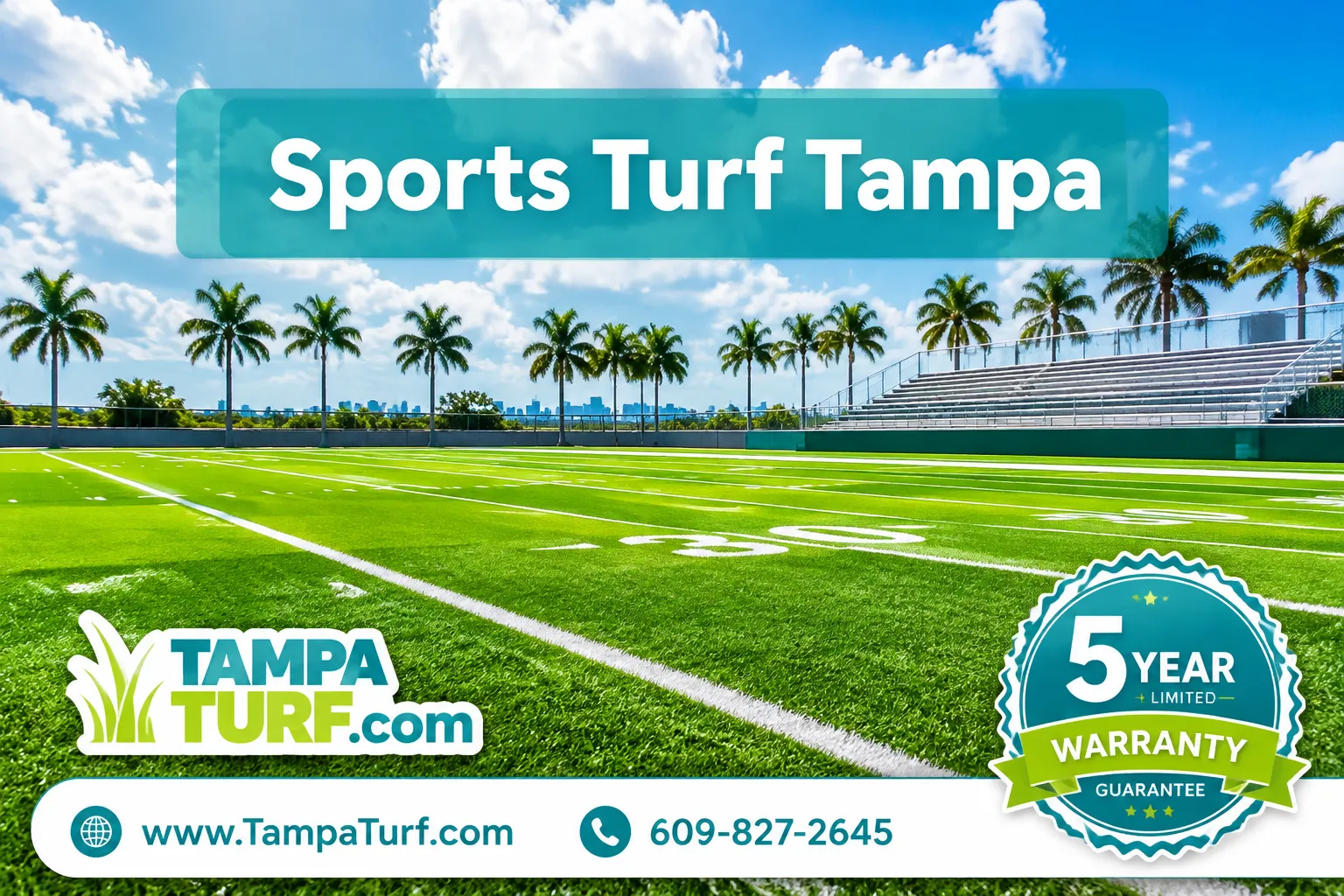 Professional () hero image with SHORT : 'Sports Turf Tampa', centered in upper third with 8% safe margins from every edge,