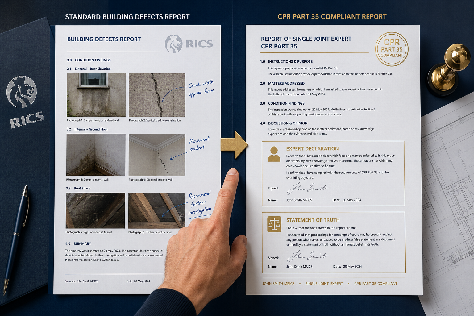 () editorial illustration showing a side-by-side document comparison: on the left, a standard building defects report with