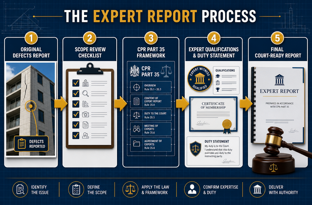 () step-by-step process infographic visual showing a flowchart with five distinct stages: 1) Original defects report with