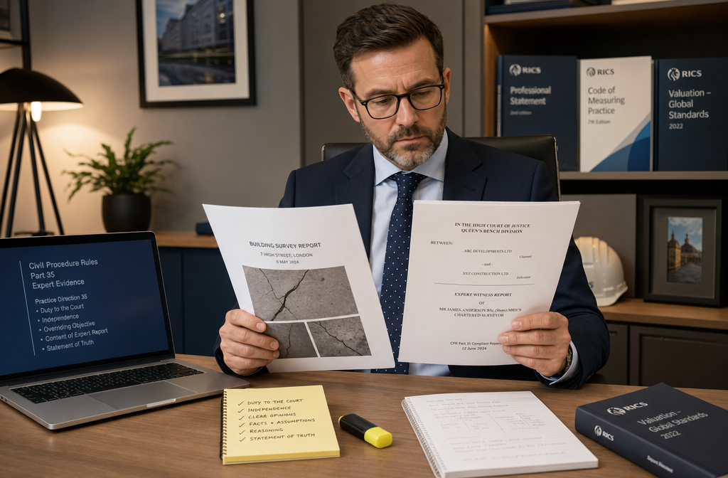 () showing a chartered surveyor in professional attire seated at a desk in a modern office, reviewing two documents