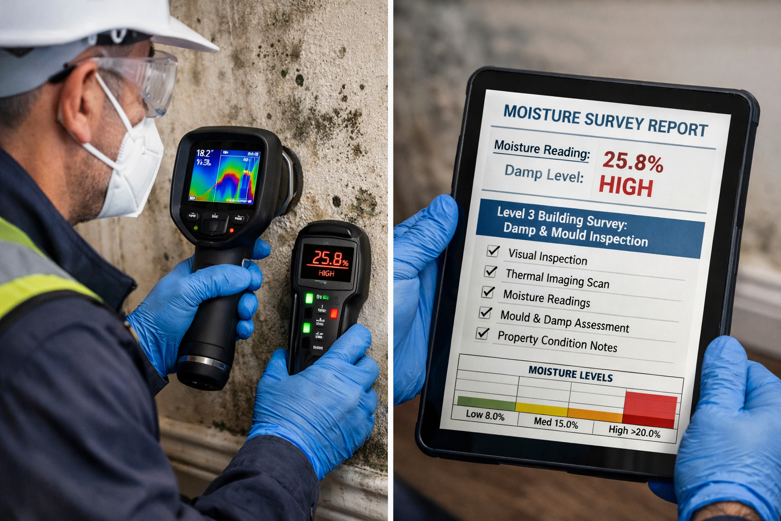 Detailed () image showing professional surveyor conducting Level 3 building survey inspection for damp and mould in private