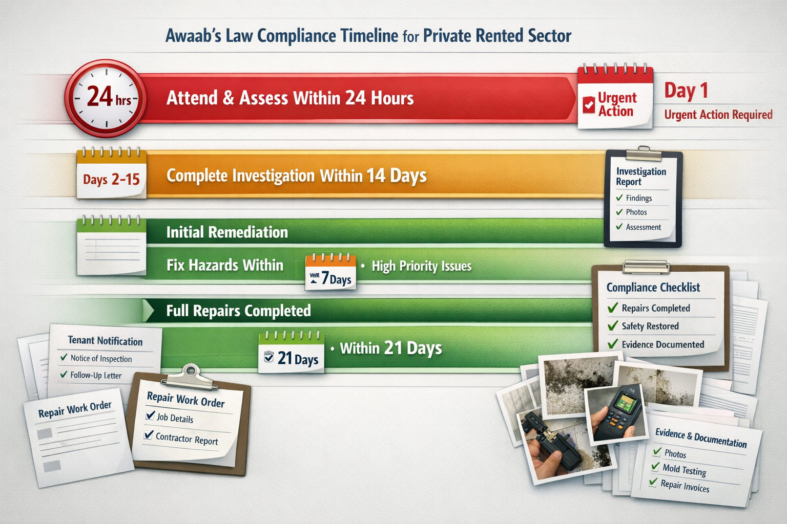 Comprehensive () infographic chart displaying Awaab's Law compliance timeline framework for private rented sector. Visual