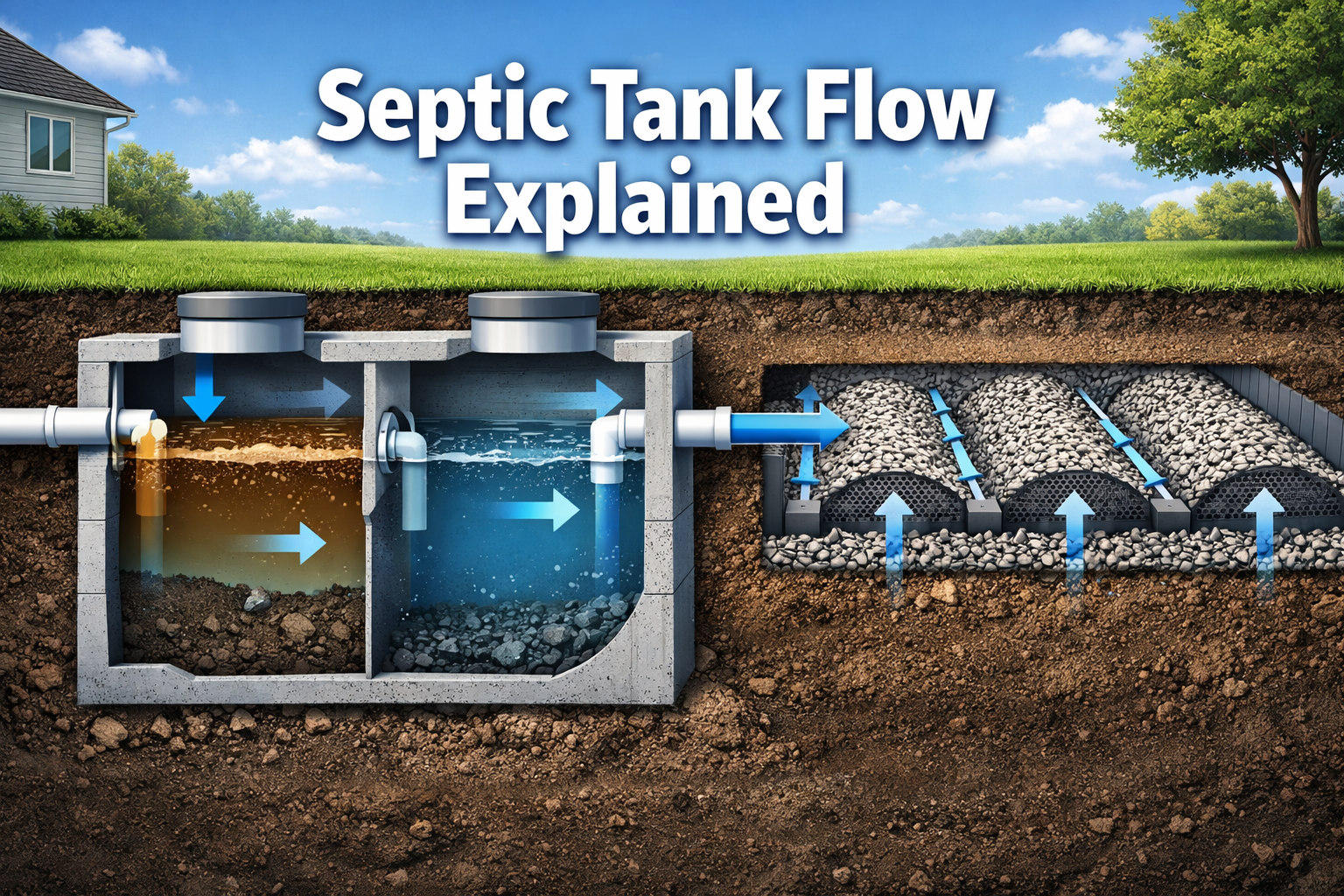 Professional landscape format (1536x1024) hero image with bold text overlay 'Septic Tank Flow Explained' in 72pt white sans-serif font with 