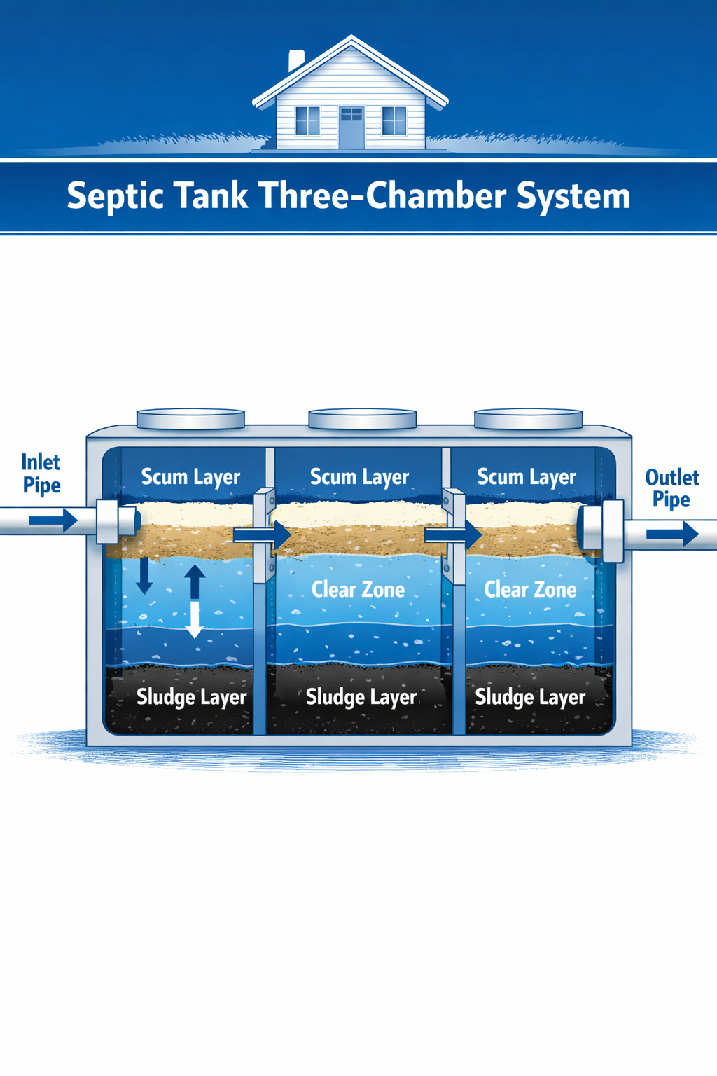 Portrait format (1024x1536) technical diagram showing septic tank three-chamber system with labeled inlet, outlet, scum layer, clear zone, a