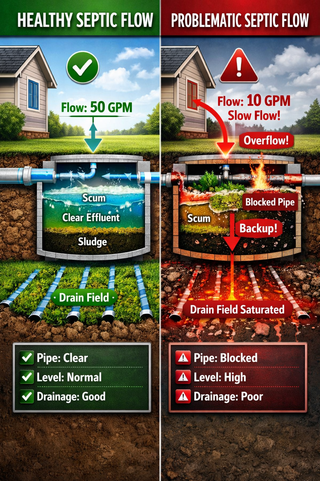 Portrait format (1024x1536) split-screen comparison showing healthy vs problematic septic flow patterns. Left side displays smooth flow with