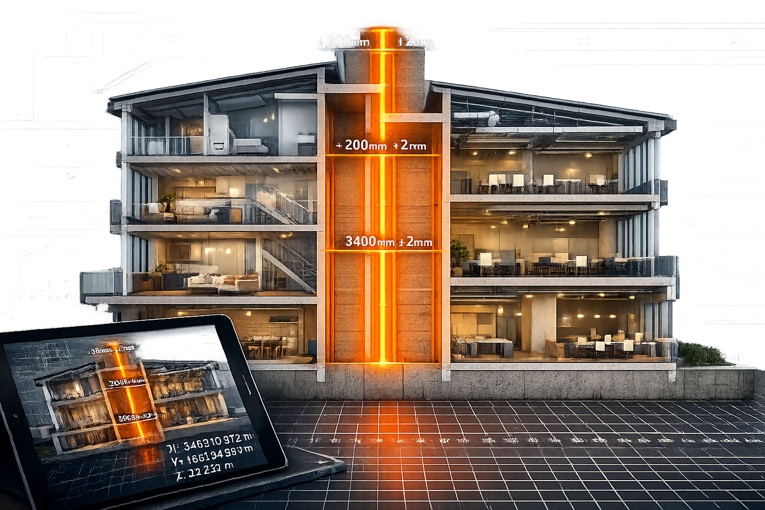 Detailed () technical illustration showing cross-section view of two adjacent urban buildings with shared party wall in