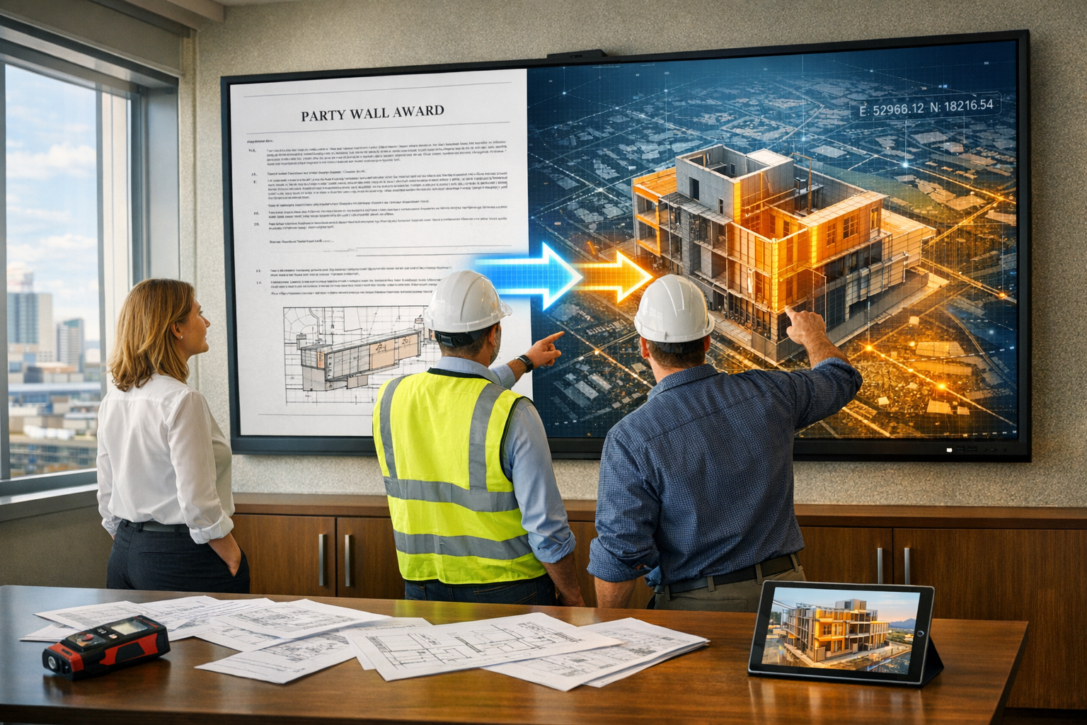 Wide-angle () photograph-style image of modern construction site meeting room with large wall-mounted 4K display showing