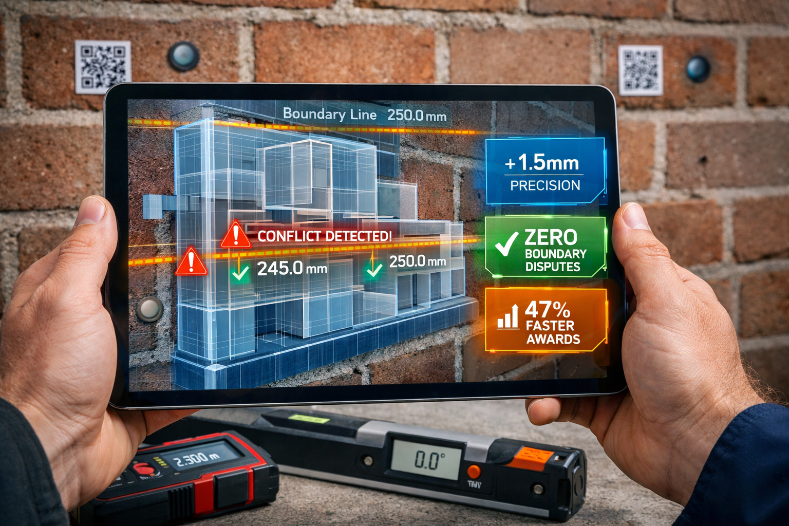 Close-up () detailed view of surveyor's hands holding advanced tablet displaying augmented reality BIM interface overlaid on