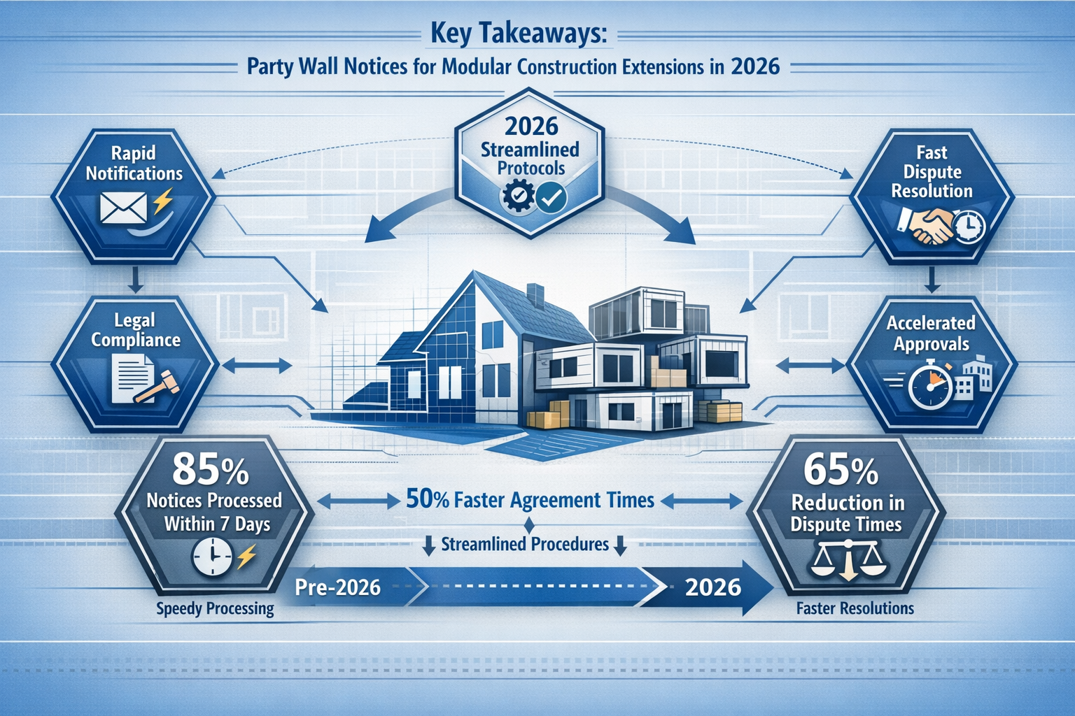 Key Takeaways infographic visualizing Party Wall Notices for Modular Construction Extensions in 2026, featuring a