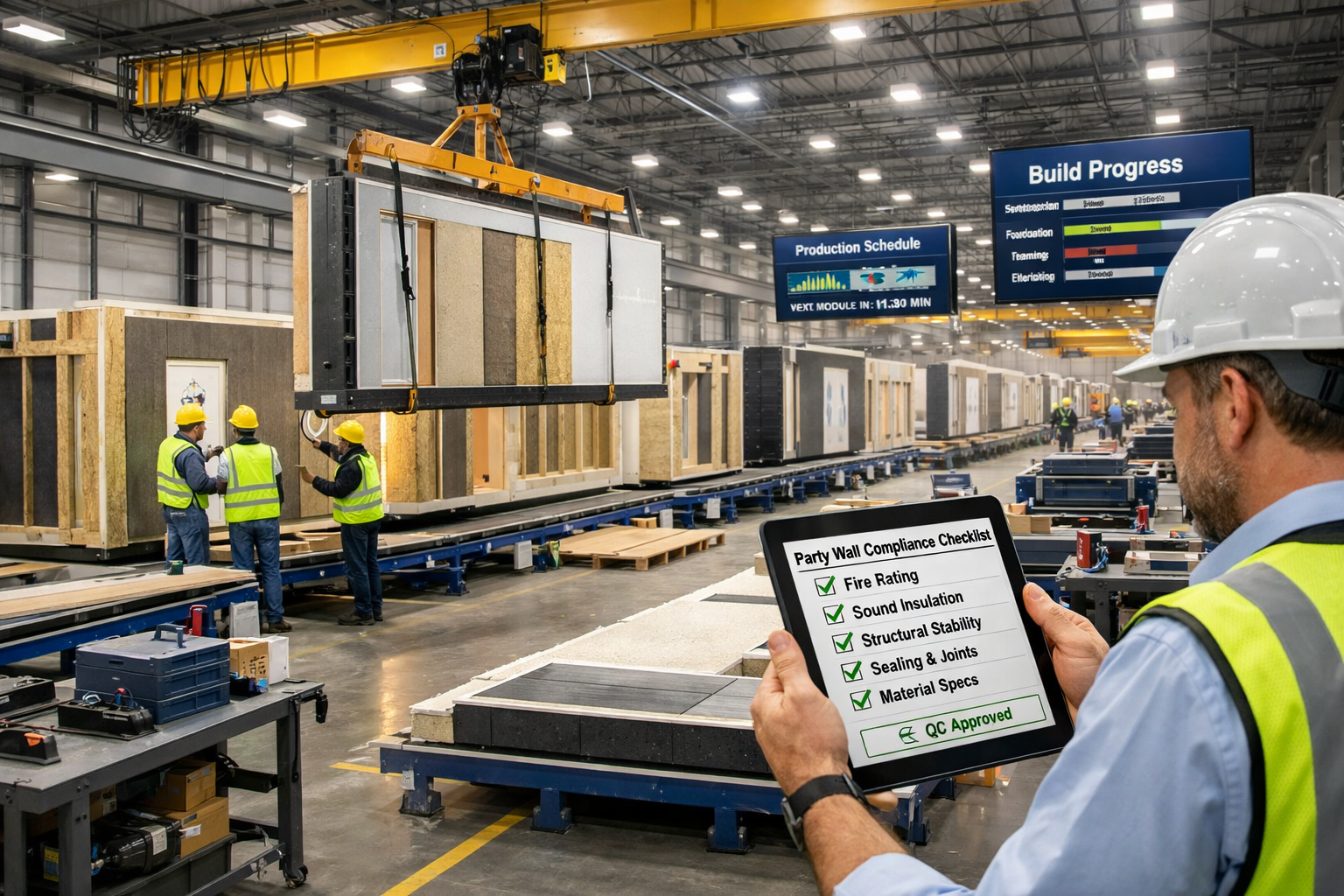 Wide-angle () image of modern off-site modular construction facility interior showing assembly line of prefabricated wall
