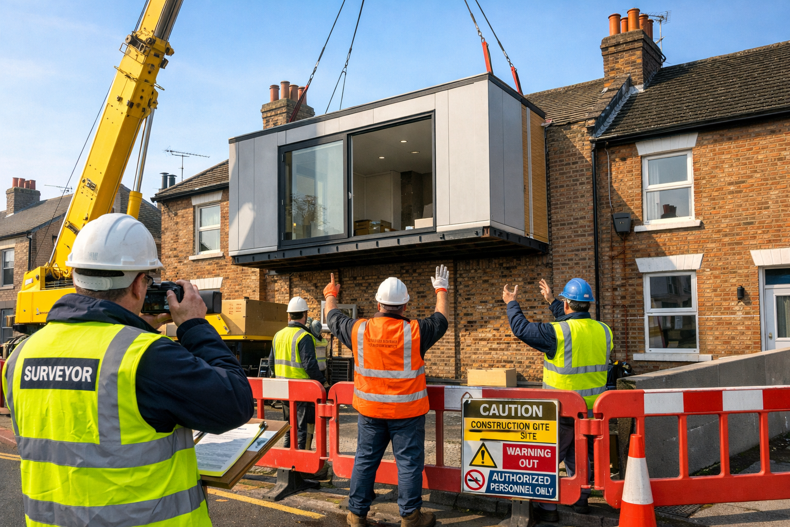 () image depicting on-site rapid installation scene with mobile crane lifting large prefabricated modular extension section