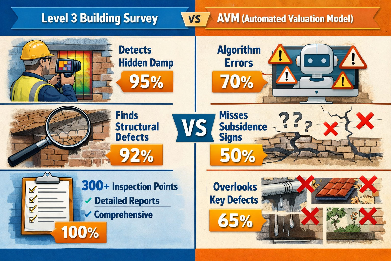 () detailed infographic showing side-by-side comparison chart of Level 3 Building Survey capabilities versus AVM
