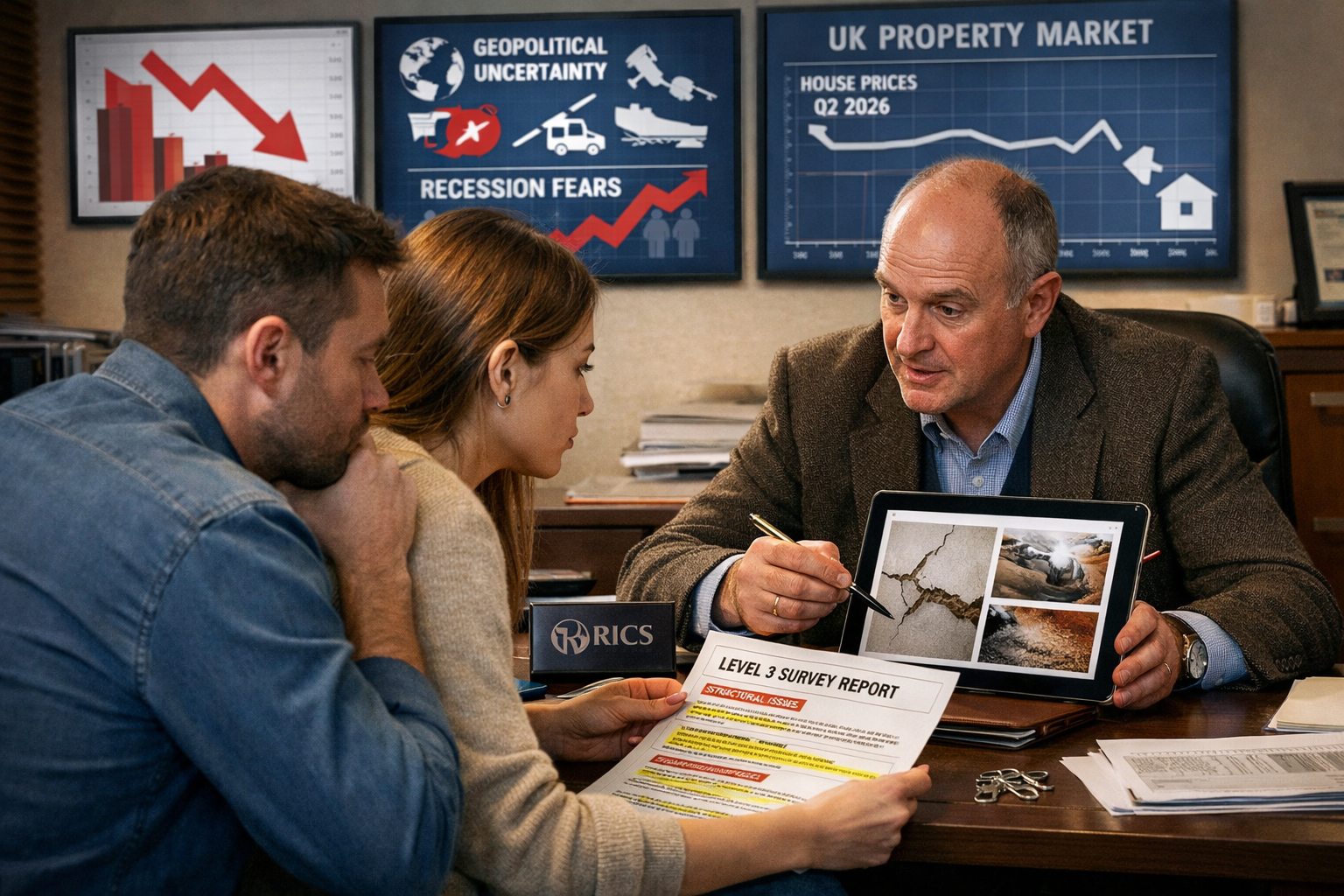 () scene showing cautious Q2 2026 property market environment with professional buyer consultation. Foreground features