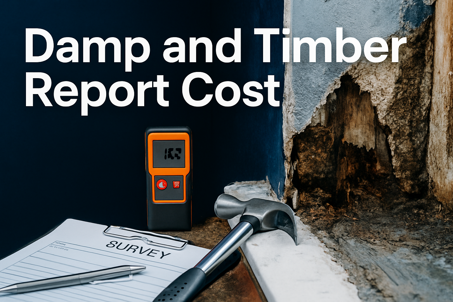 Professional landscape hero image (1536x1024) featuring bold text overlay 'Damp and Timber Report Cost' in extra large 72pt white sans-serif