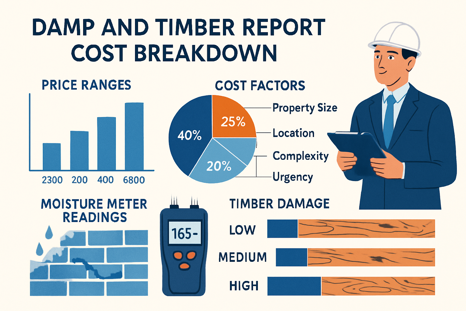 Detailed infographic showing damp and timber report cost breakdown with bar charts displaying price ranges £200-£800, pie chart showing cost