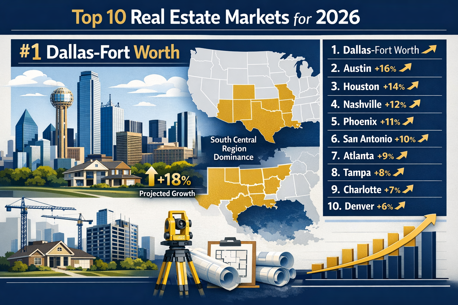 Detailed landscape format (1536x1024) infographic showing ranked list of top 10 real estate markets for 2026 with Dallas-Fort Worth at #1, f