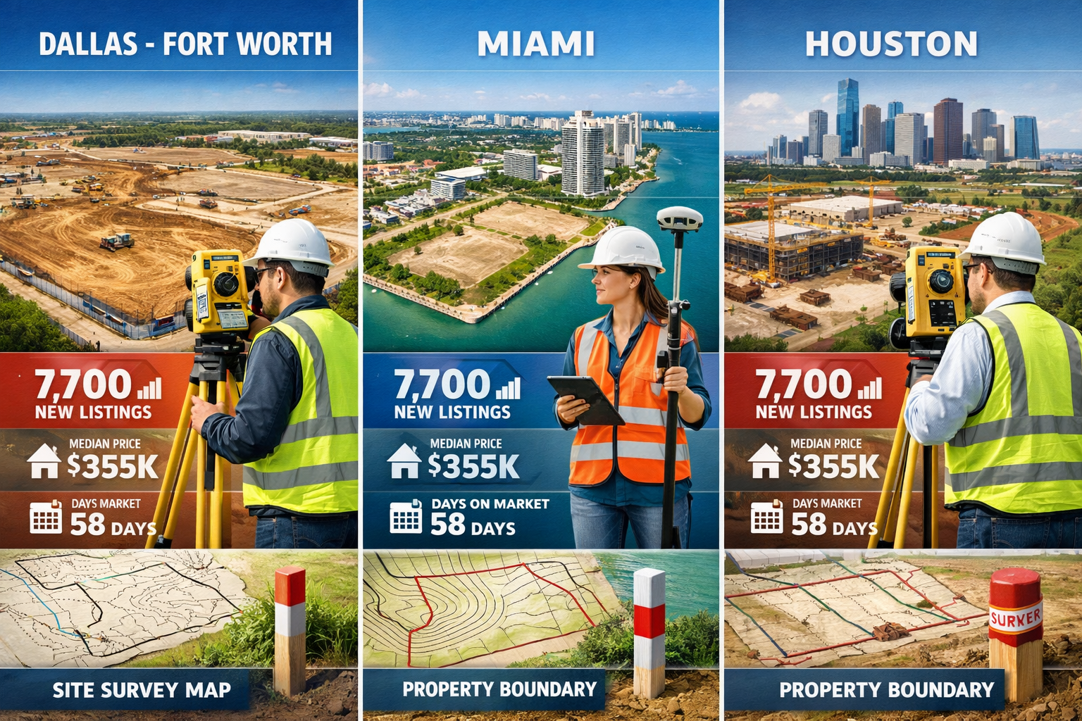 Professional landscape format (1536x1024) split-screen comparison showing Dallas-Fort Worth, Miami, and Houston market characteristics with 