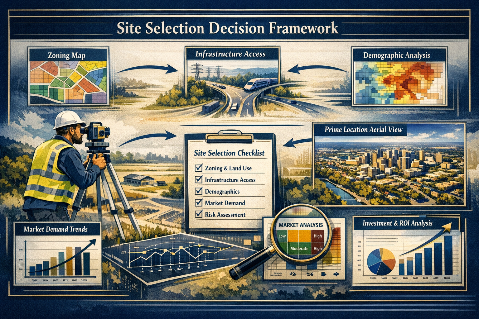 Detailed landscape format (1536x1024) conceptual illustration showing site selection decision framework with surveyor examining development 