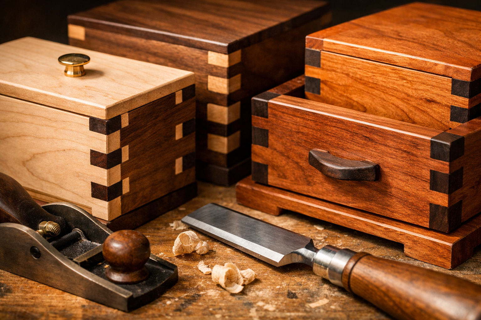 A detailed landscape image (1536x1024) showcasing a collection of exquisitely crafted dovetail joints on various small wooden projects, such