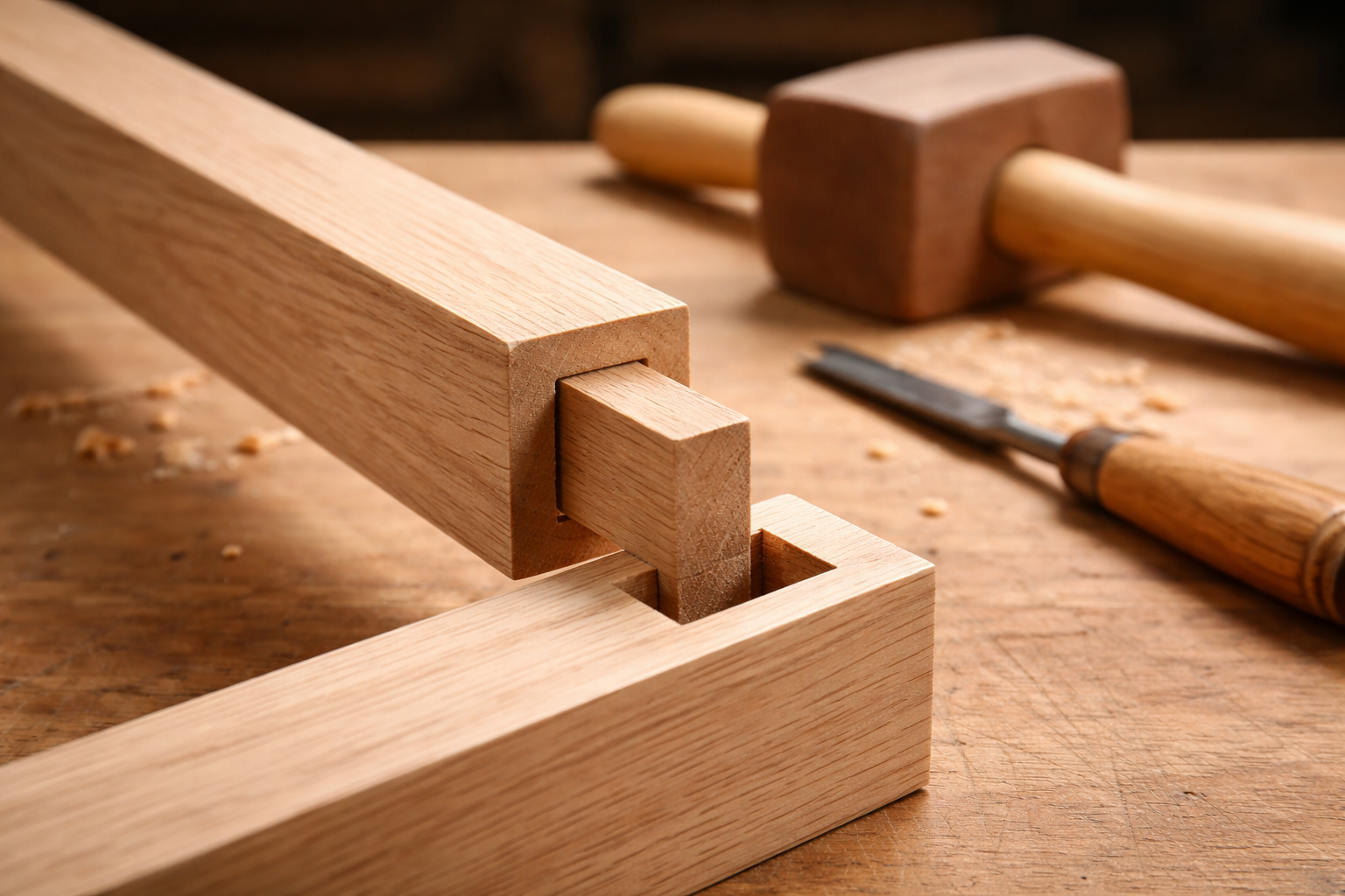 A landscape image (1536x1024) featuring a perfectly executed mortise-and-tenon joint, perhaps as part of a chair leg or table frame, before 