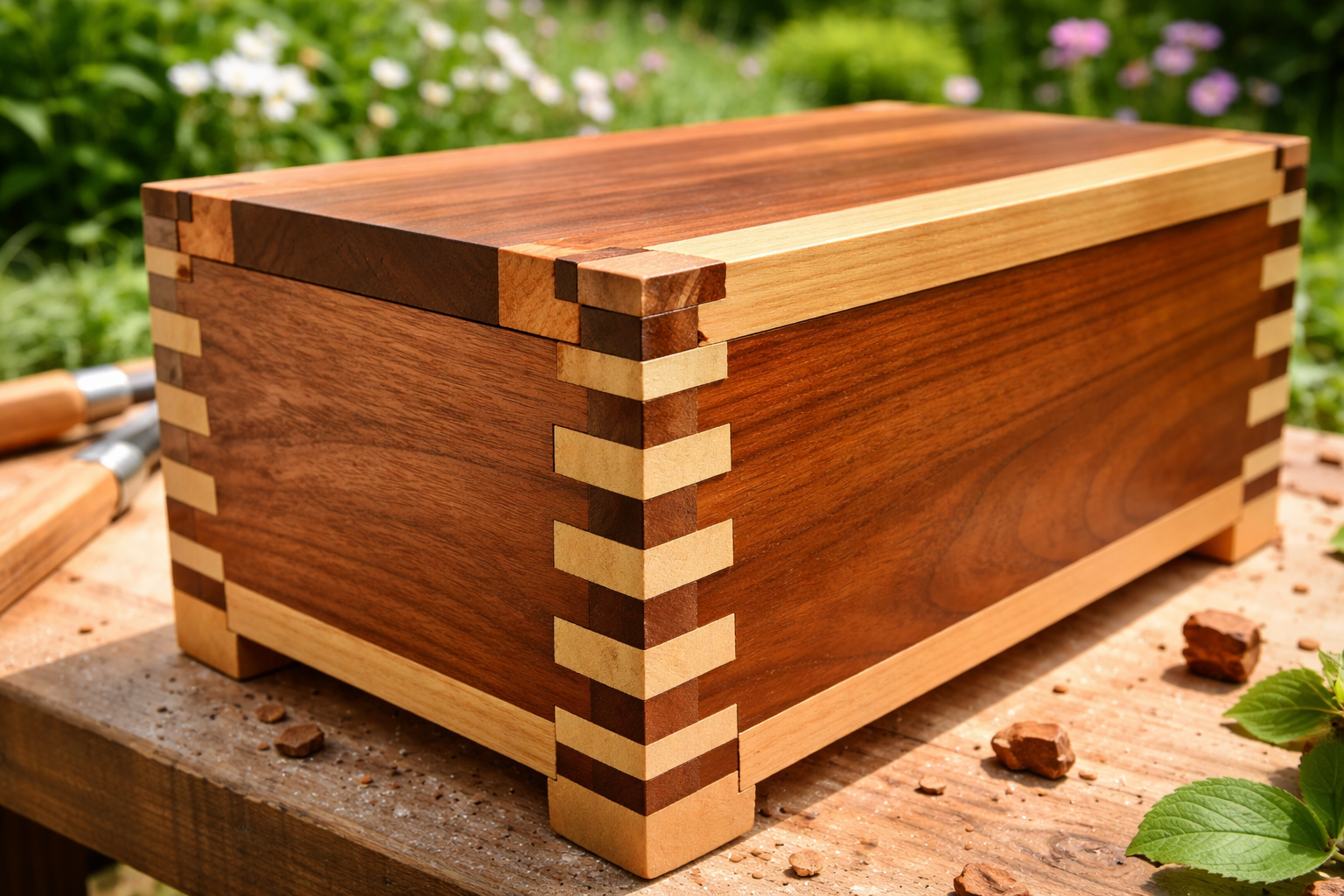 A vibrant landscape image (1536x1024) depicting a series of aesthetically pleasing box joints on a small wooden cabinet or chest. The image 