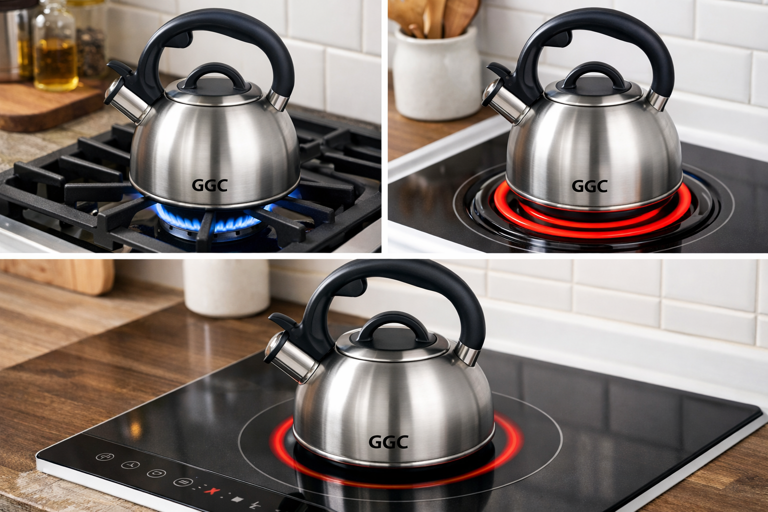 GGC tea kettle on various stovetops showing compatibility with gas, electric, and induction