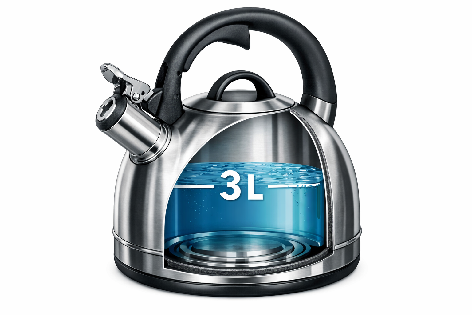 cutaway view showing 3-liter capacity and stainless steel construction with whistling spout