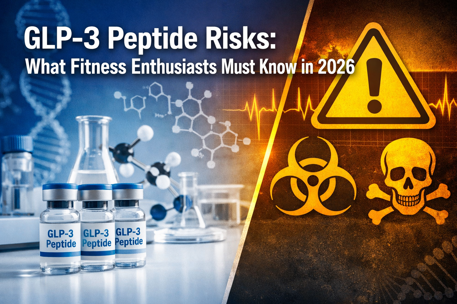 Professional landscape format (1536x1024) hero image featuring bold text overlay 'GLP-3 Peptide Risks: What Fitness Enthusiasts Must Know in