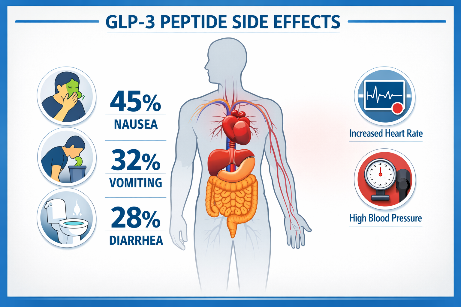 Landscape format (1536x1024) detailed infographic showing common GLP-3 peptide side effects with human body silhouette diagram. Left side di