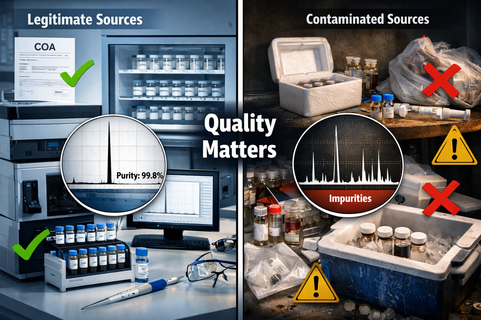 Landscape format (1536x1024) comparison visualization showing legitimate versus contaminated peptide sources. Split screen design: left half