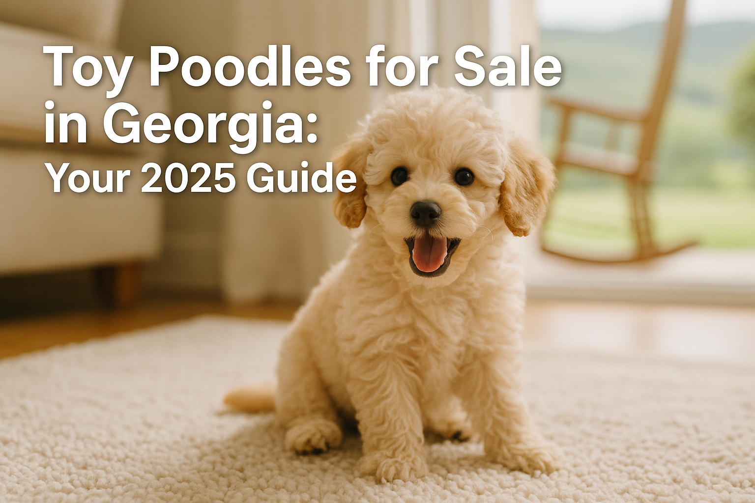 Professional landscape hero image (1536x1024) with bold text overlay: 'Toy Poodles for Sale in Georgia: Your 2025 Guide', modern sans-serif