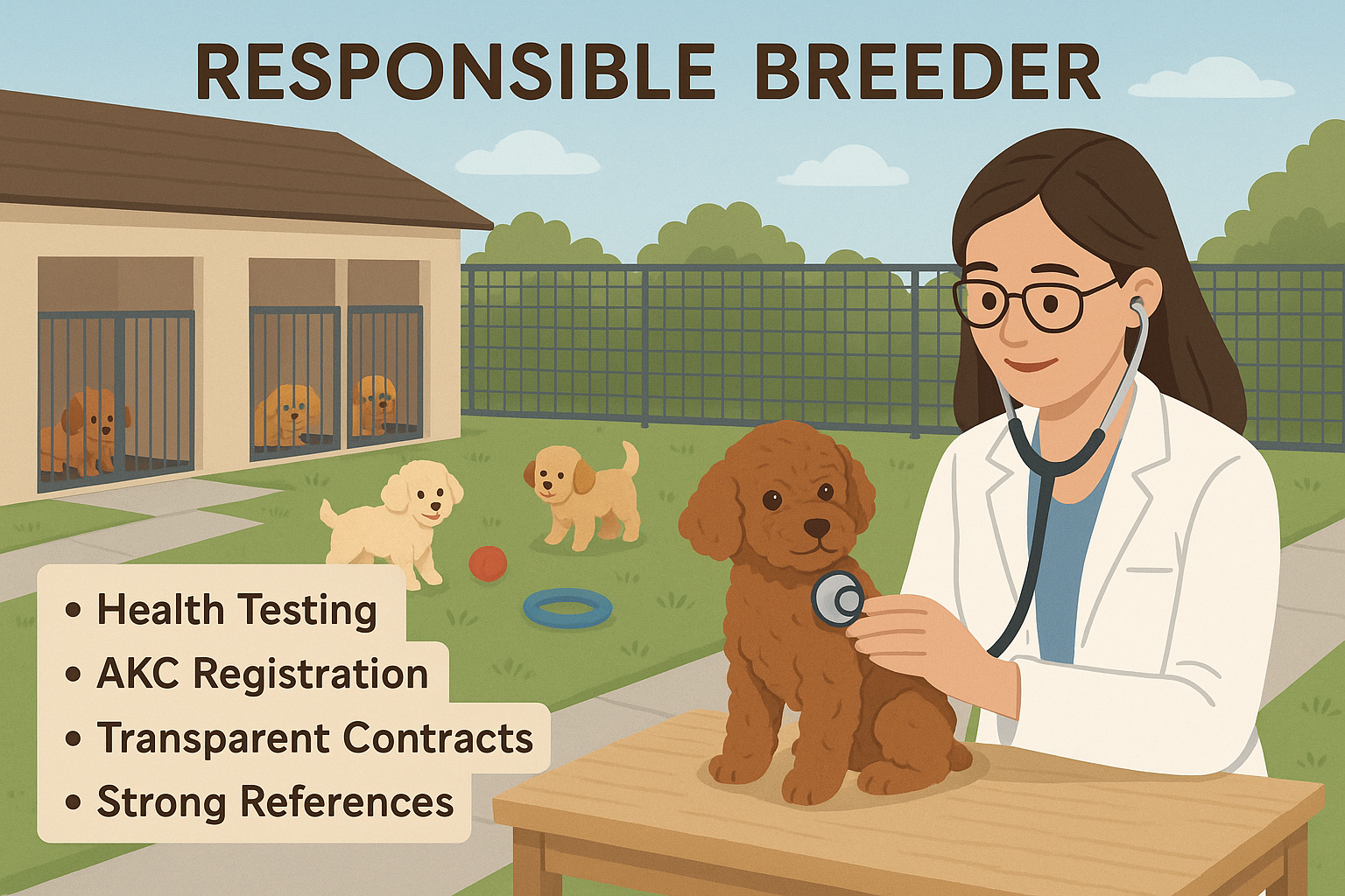 A professional illustration of a responsible breeder's setup, showing clean kennels (though emphasizing puppies are often raised indoors), a
