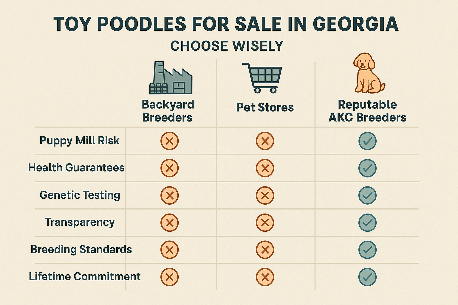 A comparison table infographic visually contrasting backyard breeders, pet stores, and reputable AKC breeders for 'Toy poodles for sale in G