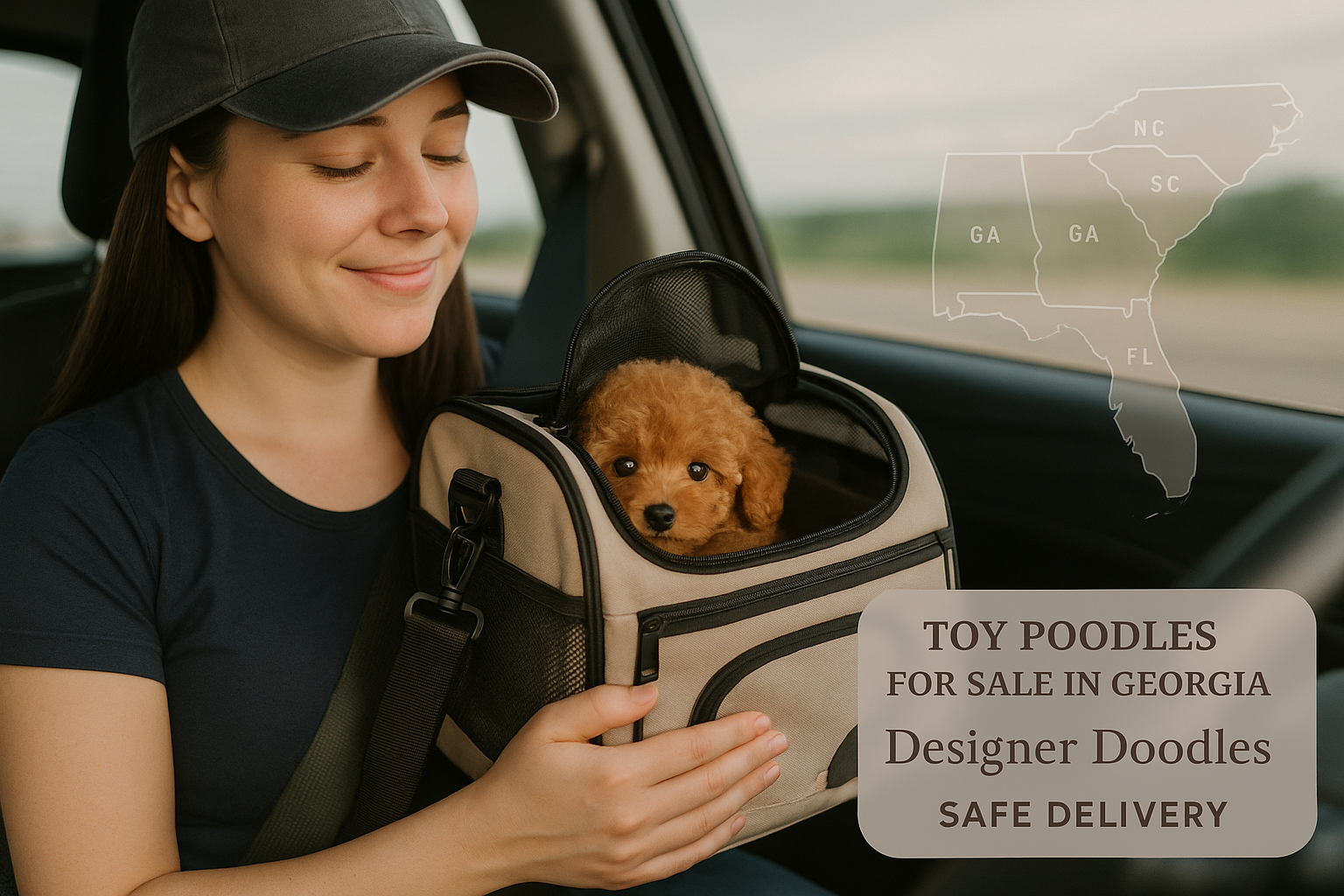 An engaging image of a dedicated puppy nanny safely transporting a small Toy Poodle puppy in a comfortable, climate-controlled carrier, with