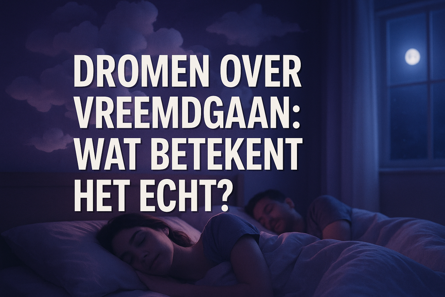 Professional landscape hero image (1536x1024) featuring bold text overlay 'Dromen Over Vreemdgaan: Wat Betekent Het Echt?' in extra large 72