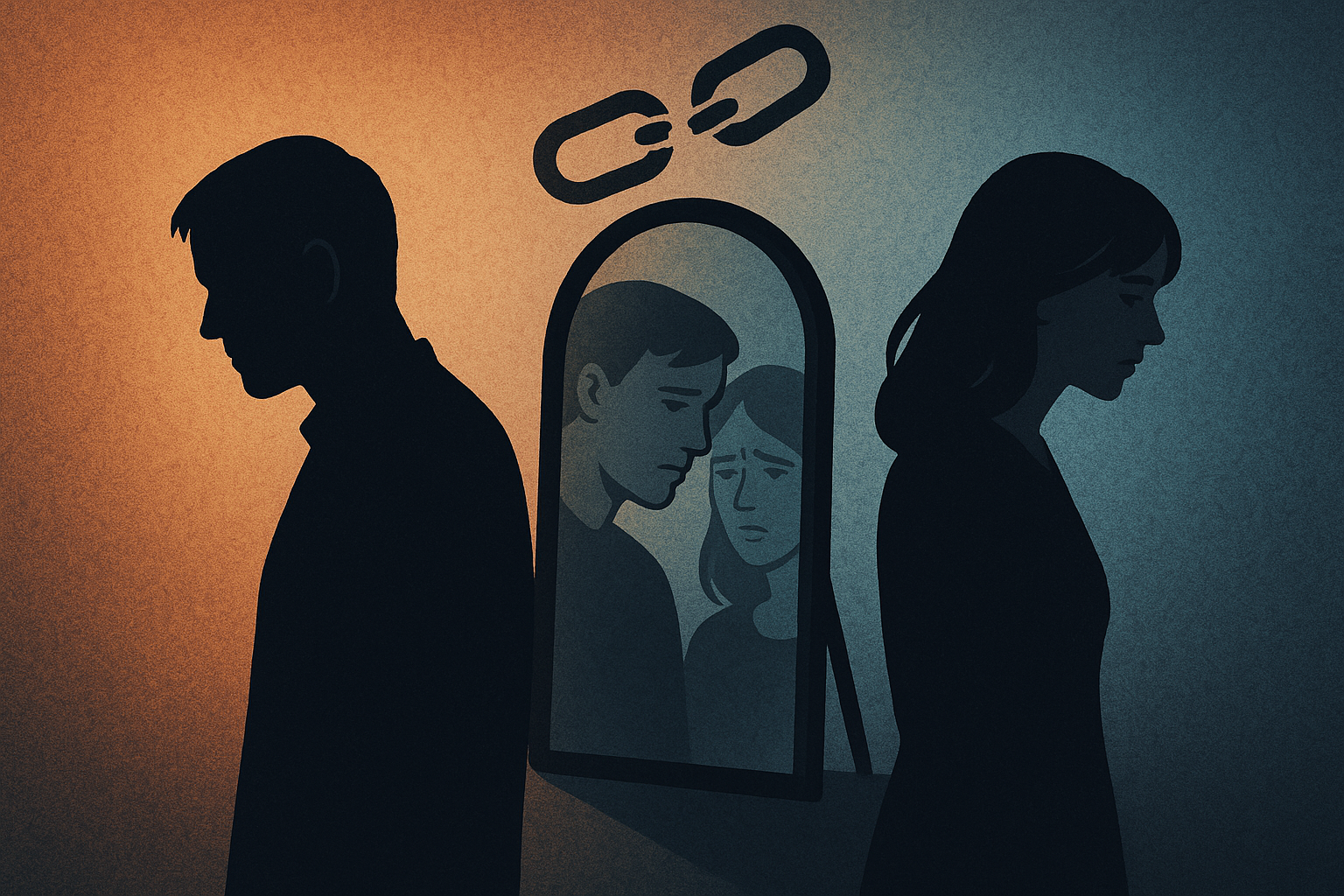 Landscape conceptual image (1536x1024) illustrating partner infidelity dreams with symbolic imagery: two silhouettes facing away from each o