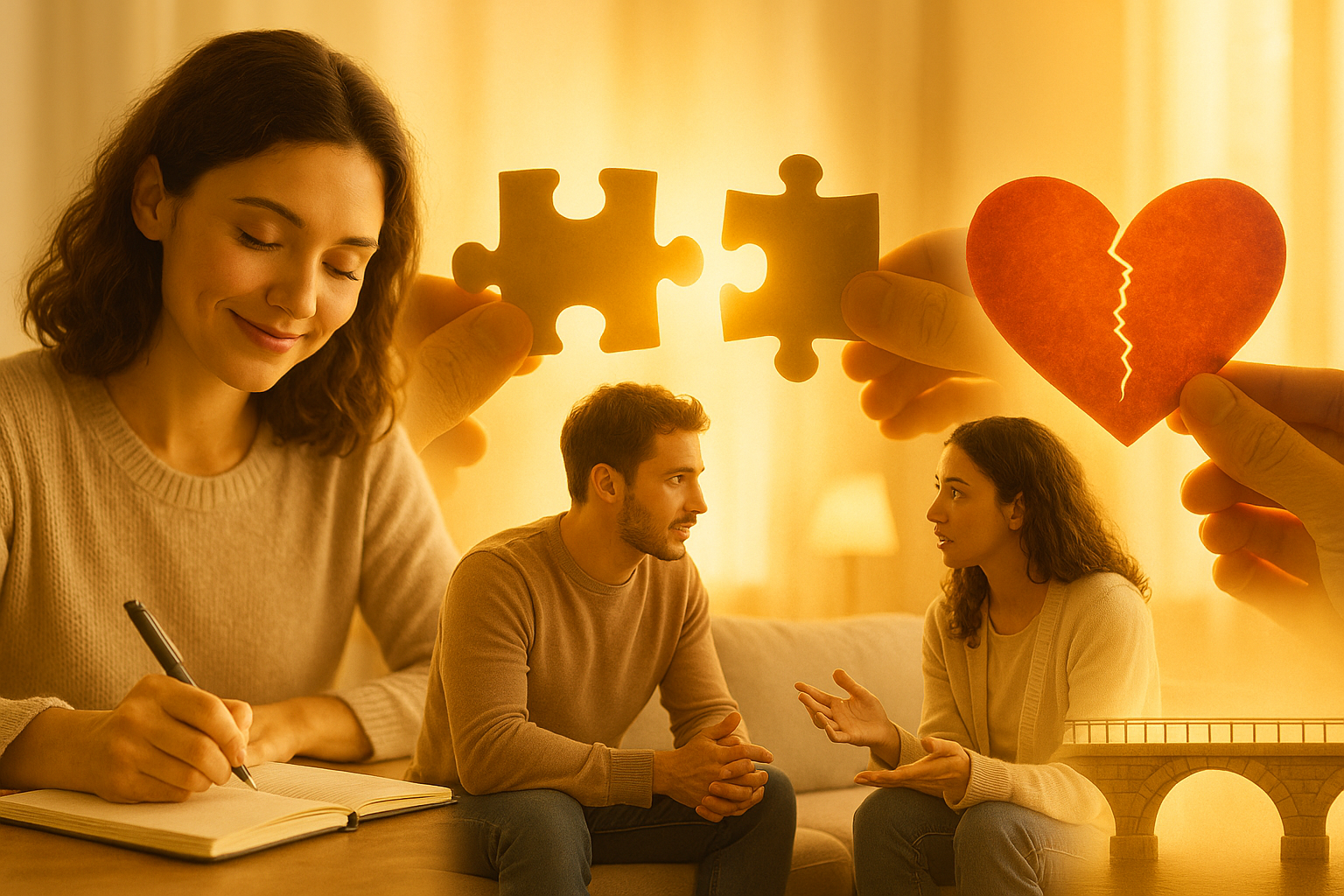 Landscape therapeutic image (1536x1024) showing positive resolution and self-reflection: person writing in journal with peaceful expression,