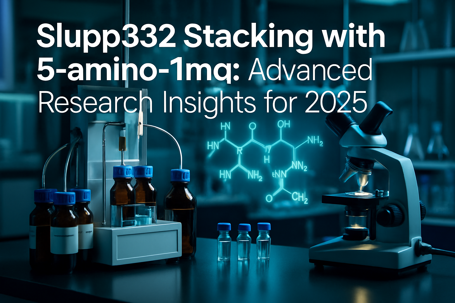 Professional landscape hero image (1536x1024) featuring bold text overlay: 'Slupp332 Stacking with 5-amino-1mq: Advanced Research Insights f