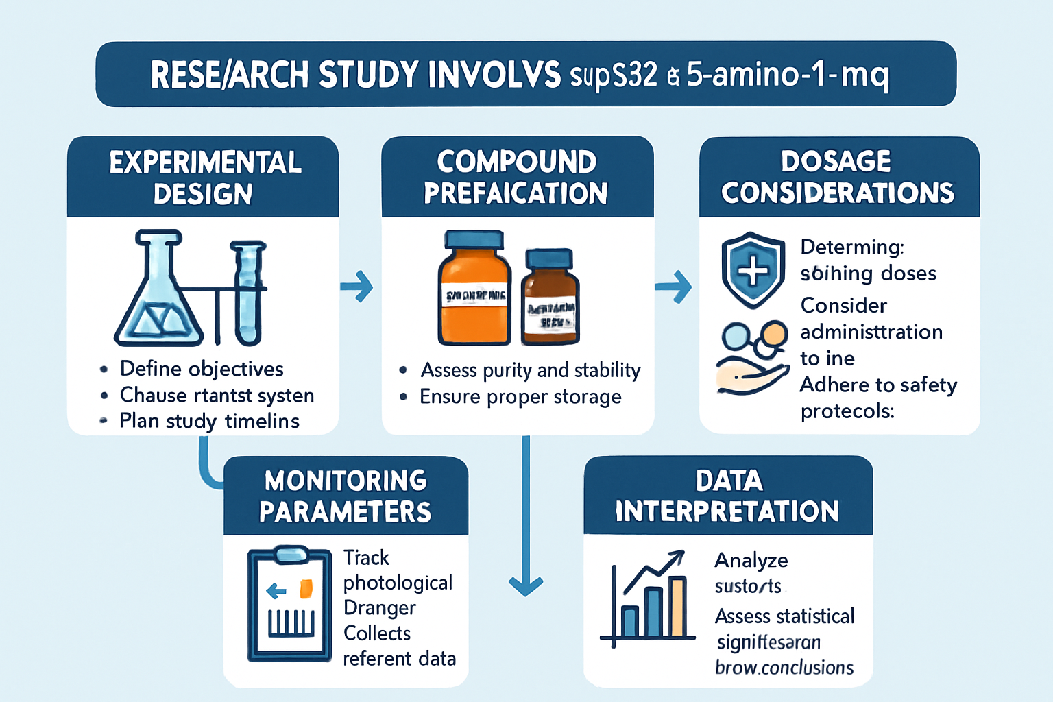 An infographic illustrating the sequential steps and considerations for conducting research studies involving the Slupp332 and 5-amino-1mq s