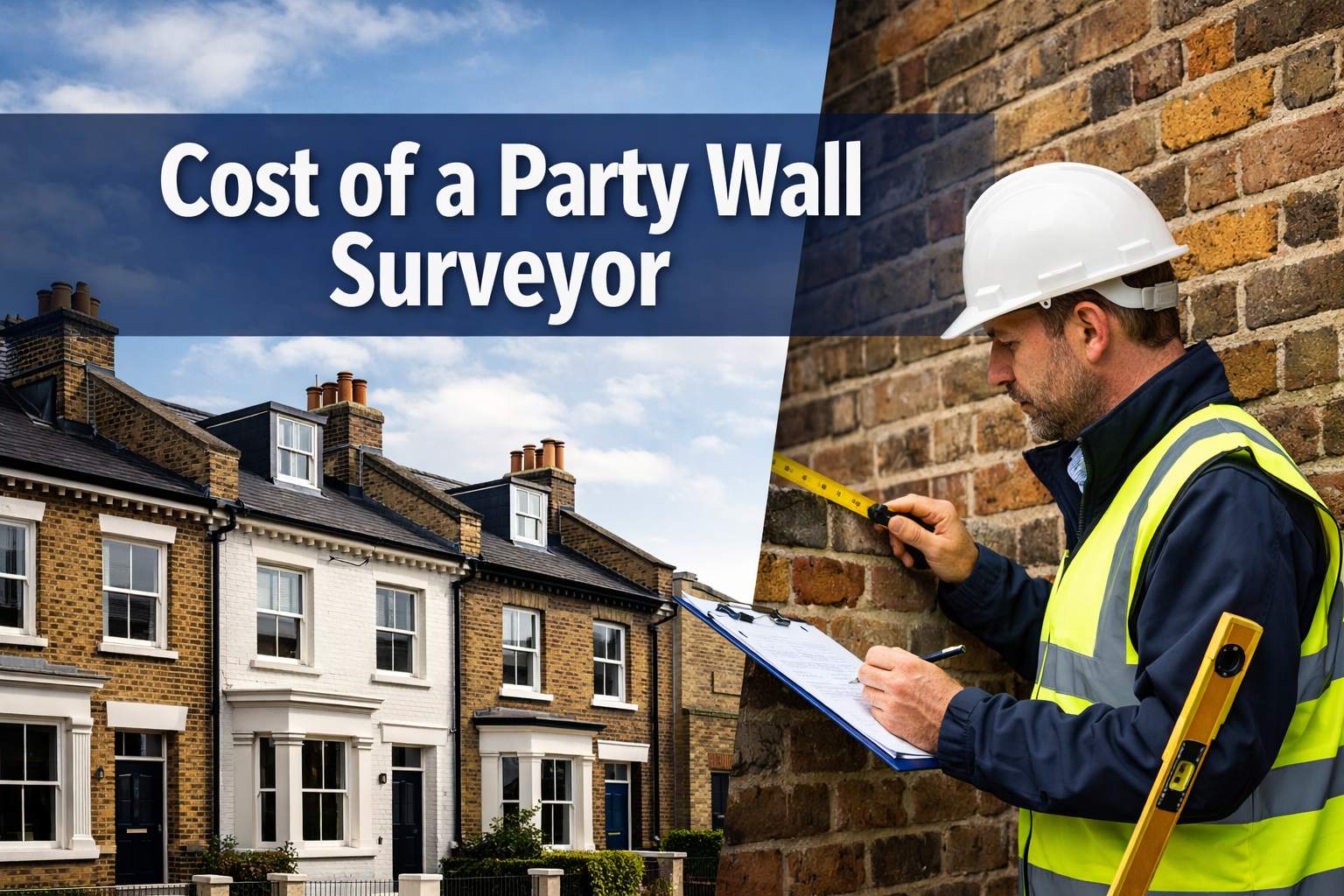 Professional landscape hero image (1536x1024) featuring bold text overlay 'Cost of a Party Wall Surveyor' in extra large 72pt white sans-ser