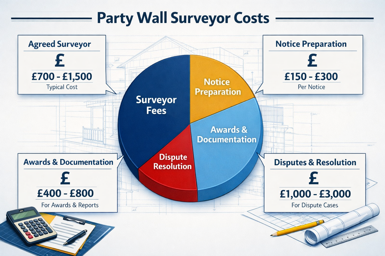 Detailed infographic illustration showing breakdown of party wall surveyor costs in landscape format (1536x1024). Central pie chart displayi