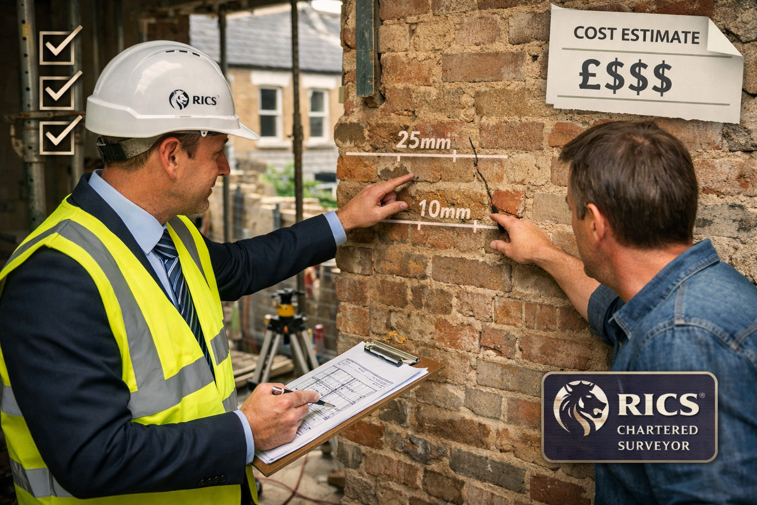 Landscape editorial photograph (1536x1024) showing professional party wall surveyor consultation scene in modern London home extension proje