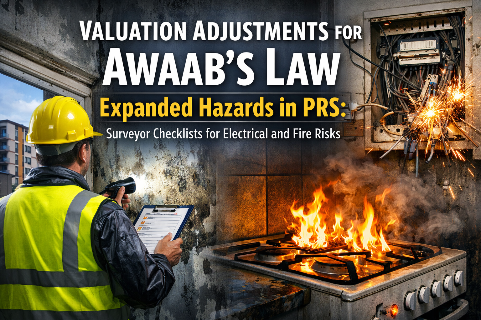 Professional landscape hero image () with : "Valuation Adjustments for Awaab's Law Expanded Hazards in PRS: Surveyor