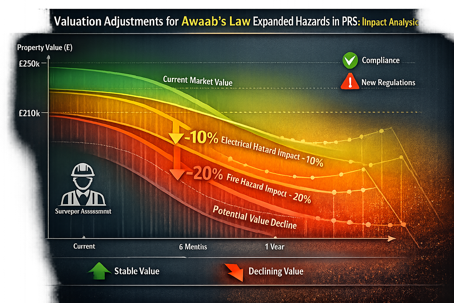 An analytical visualization depicting 'Valuation Adjustments for Awaab's Law Expanded Hazards in PRS: Impact Analysis' using