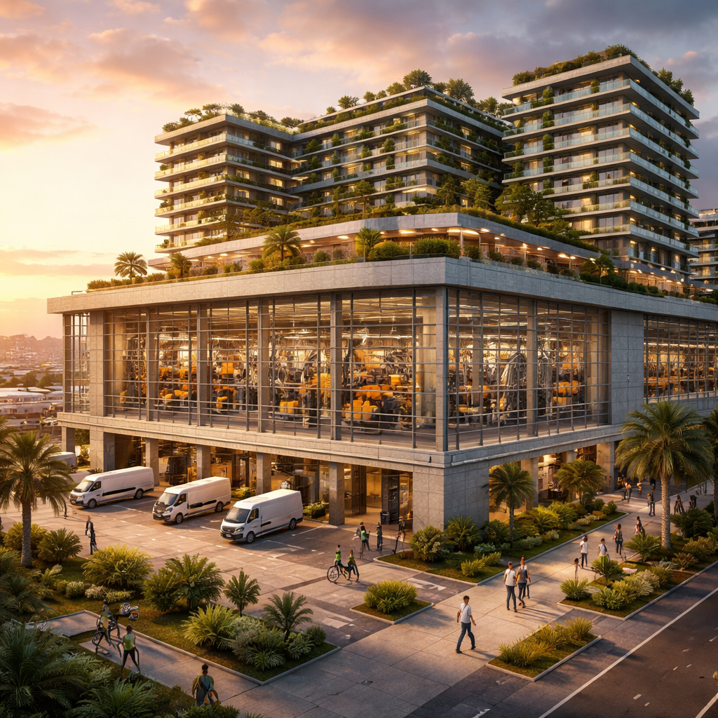 Detailed architectural visualization landscape () of a futuristic mixed-use warehouse-residential hybrid complex in the ABC