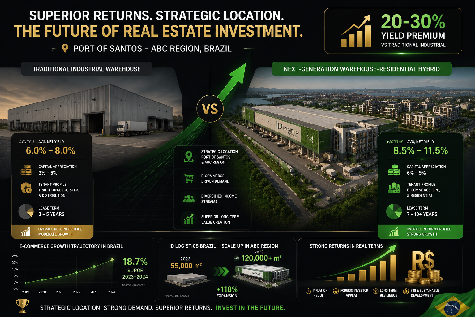 Dynamic investment returns comparison landscape () showing side-by-side visual of traditional industrial warehouse property