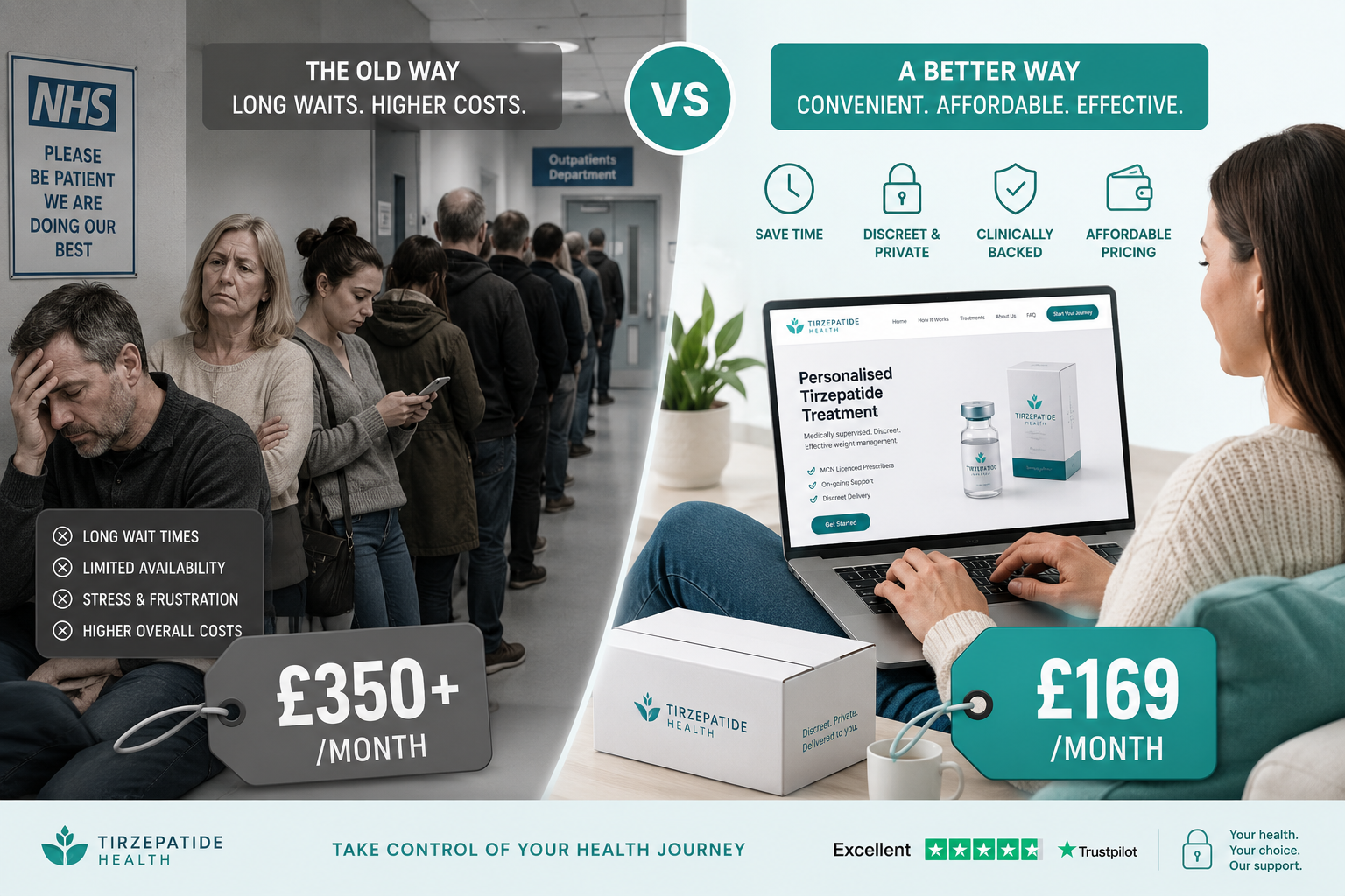 () editorial illustration showing a split-screen comparison: left side depicts a long NHS waiting room queue with frustrated