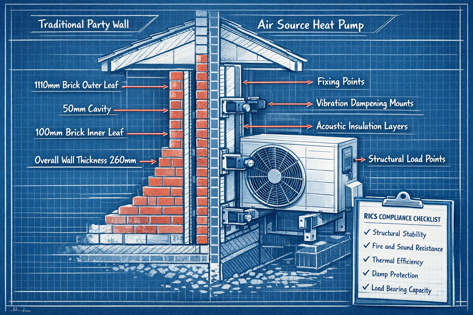 () detailed technical illustration showing cross-section cutaway view of semi-detached house party wall with heat pump
