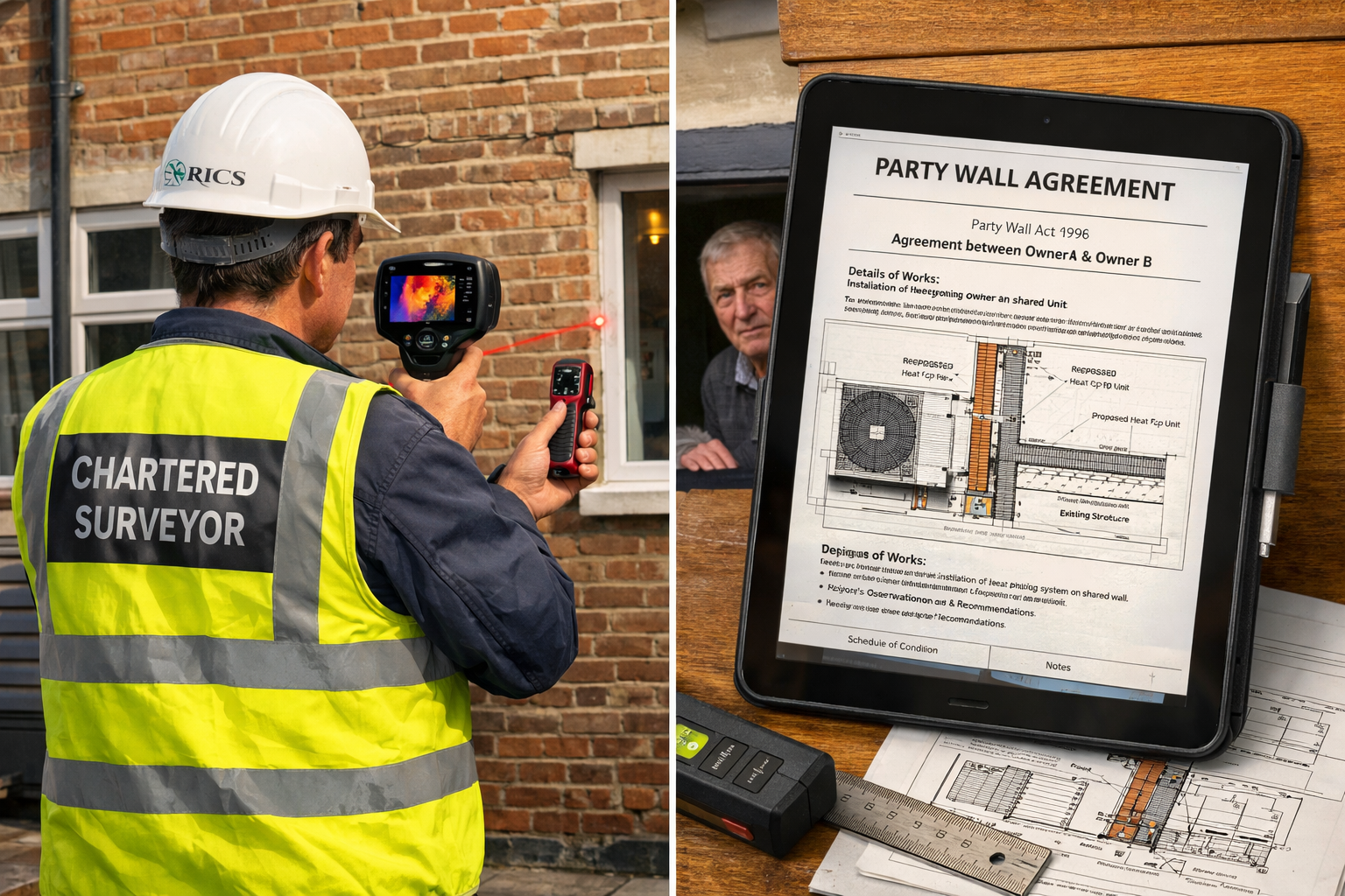 () professional scene showing RICS chartered surveyor conducting party wall assessment for heat pump retrofit. Surveyor