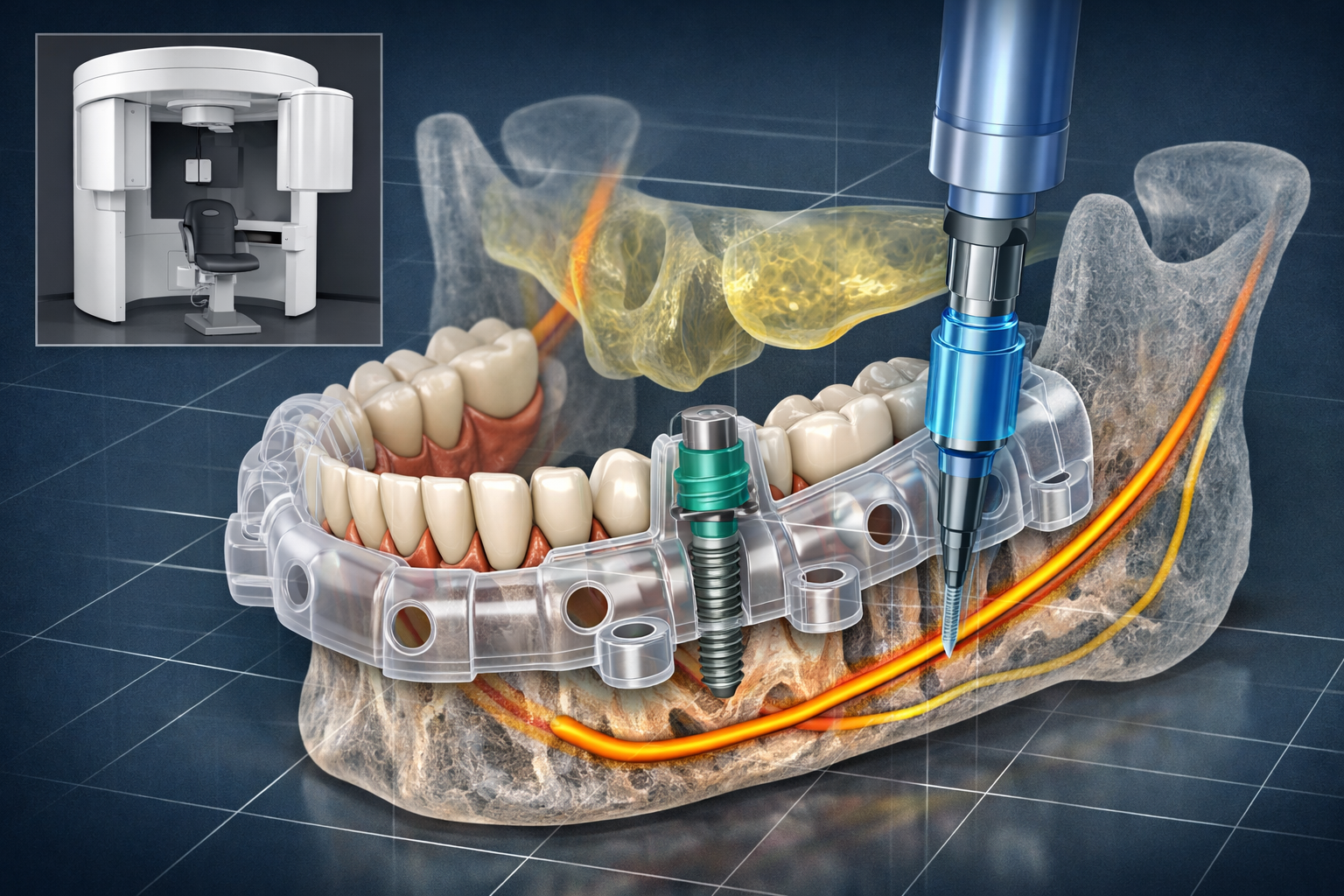 Detailed landscape format (1536x1024) image showing a digital rendering of a patient's jaw with a dental implant planned using 3D guided tec